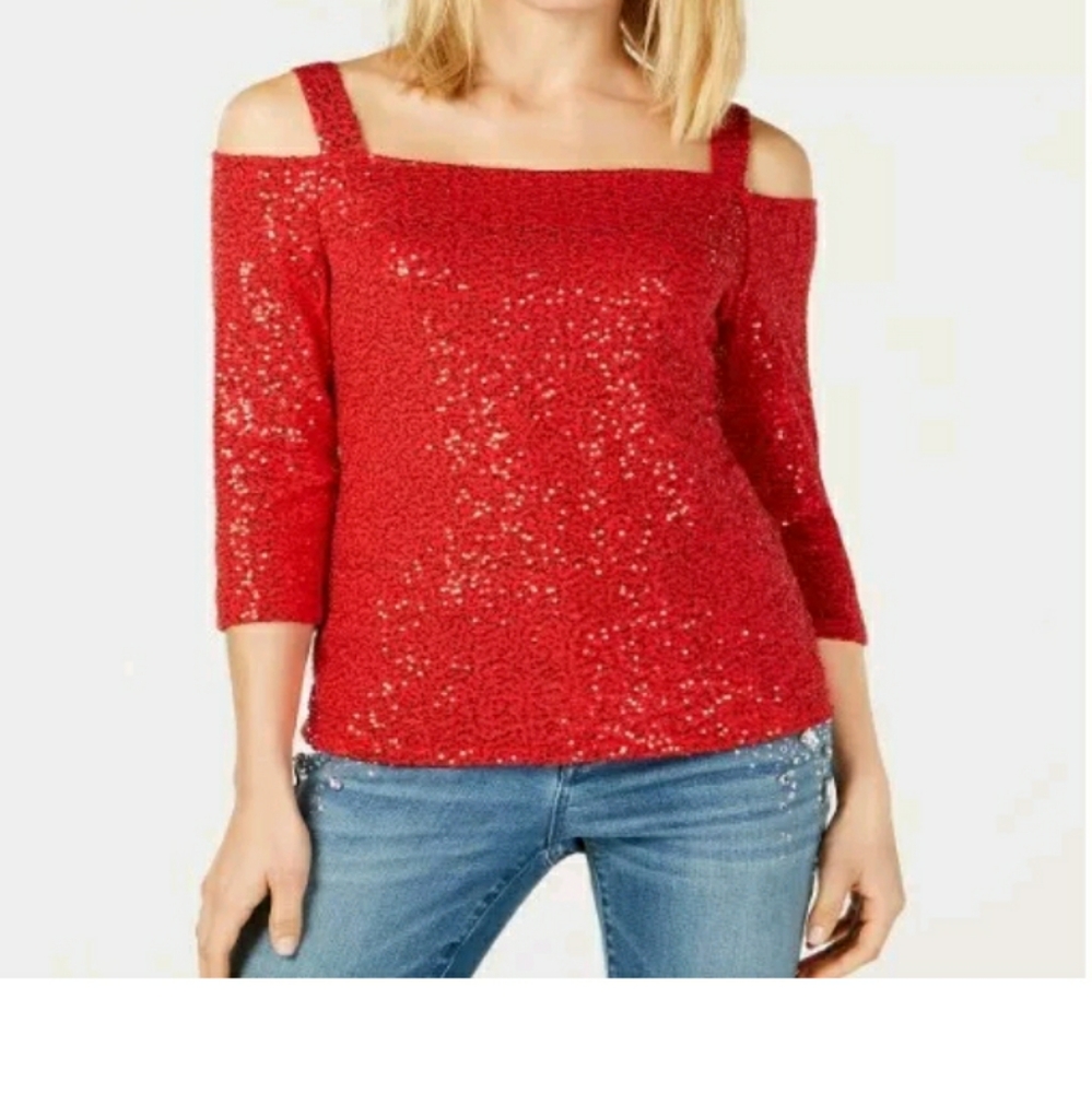 INC International Concepts Red Cold Shoulder Sequined Top. PSmall. NWT